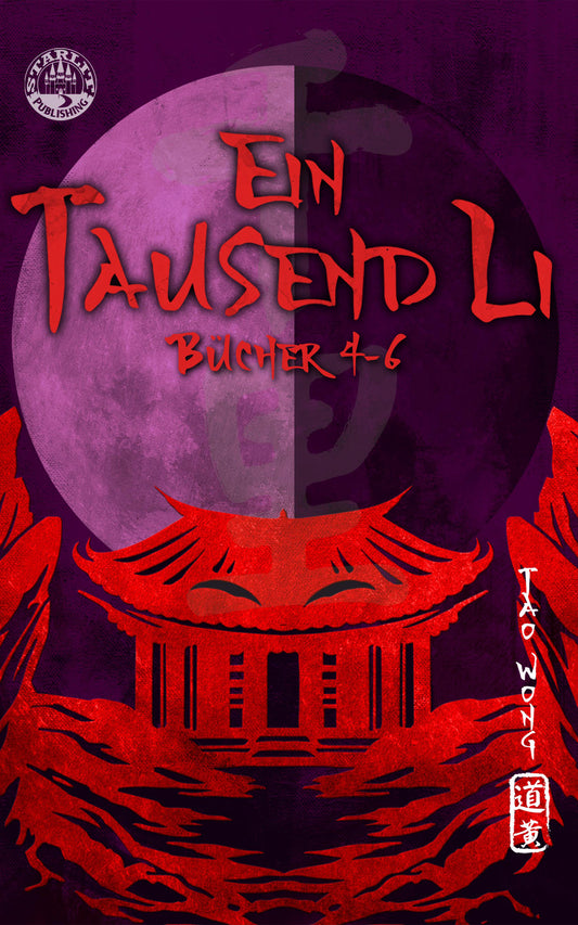 Book cover of 'Ein Tausend Li' with red text and a red building on a purple background