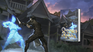 Character in a fantasy setting with a book titled 'Climbing the Ranks' in the background