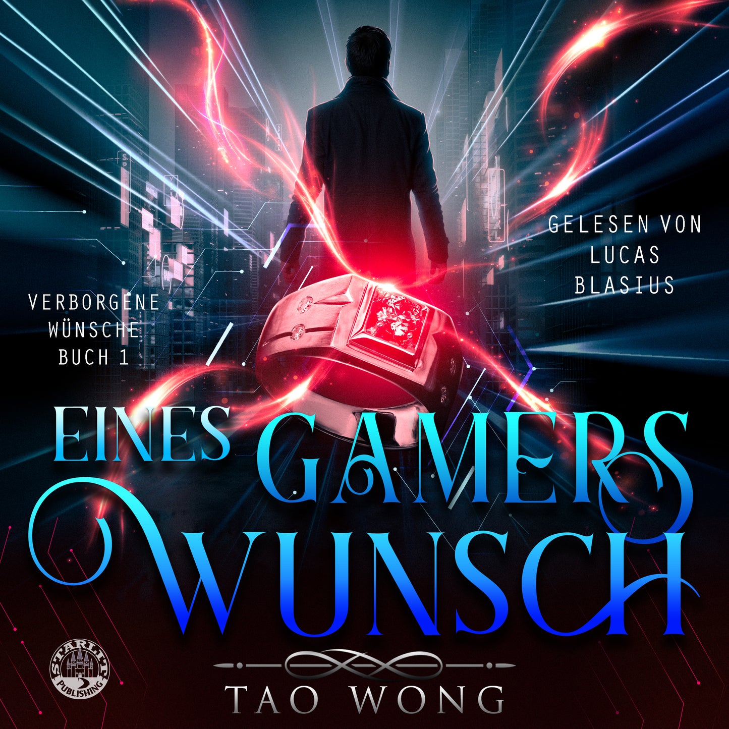 Book cover of 'Eines Gamers Wunsch' with a futuristic design and silhouette of a person.