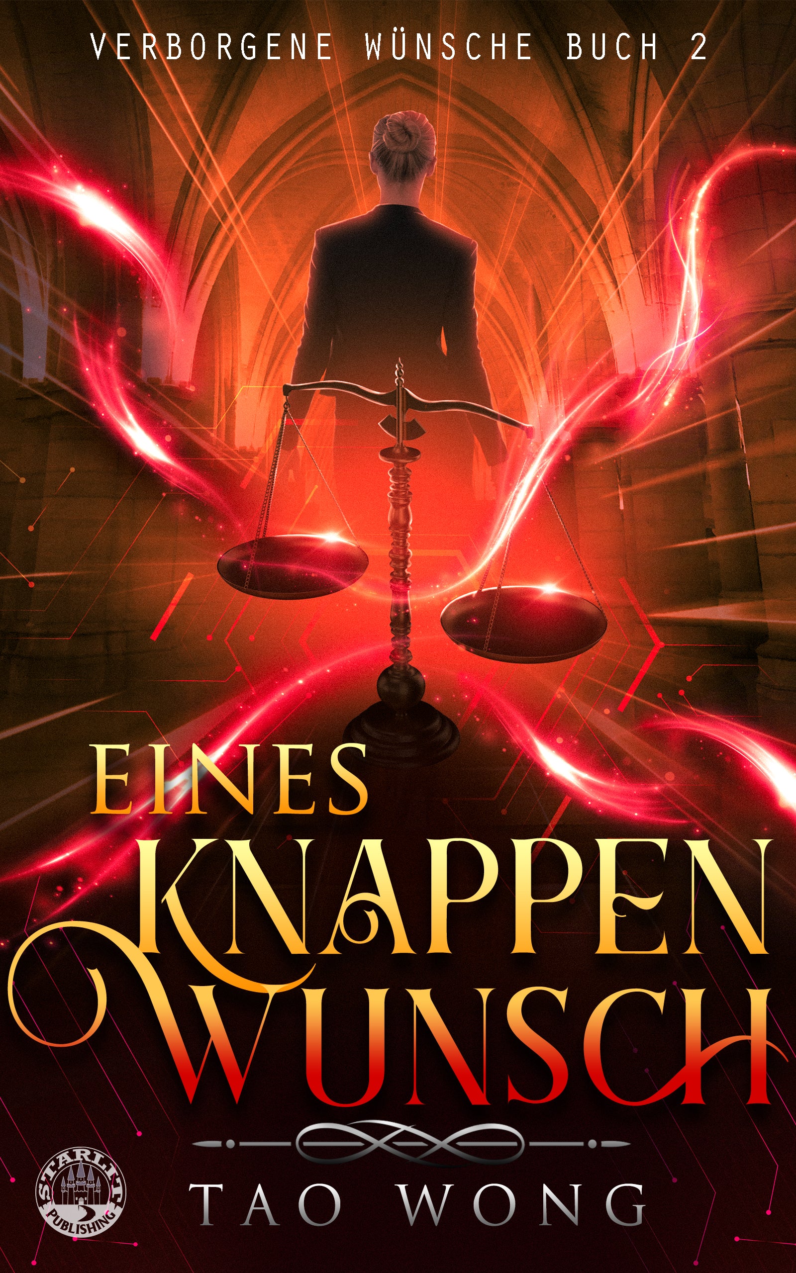 Book cover with a silhouette of a person behind scales, red and orange tones, and text in German.