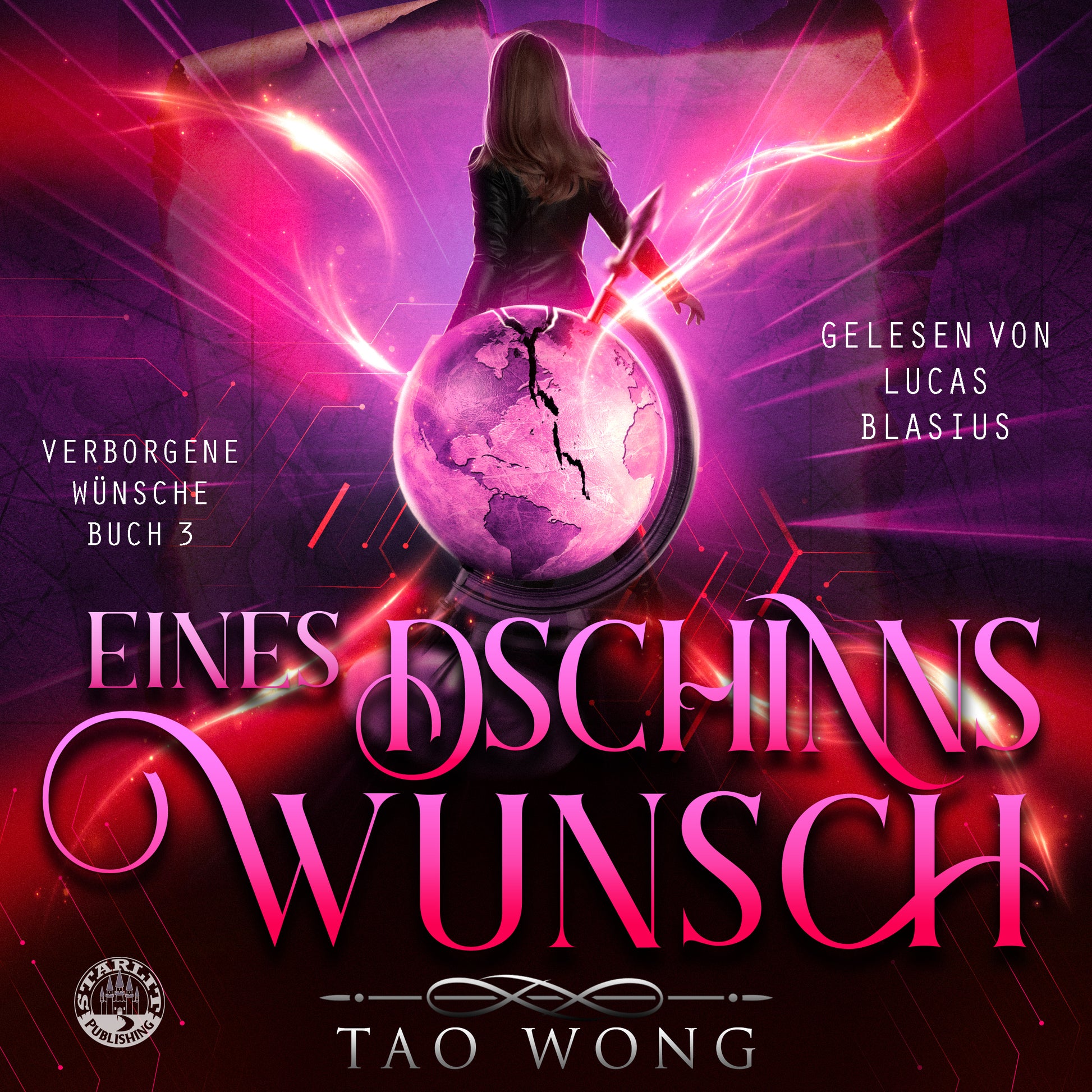Book cover of 'Eines Bischinus Wunsch' with a woman and a cracked globe design.