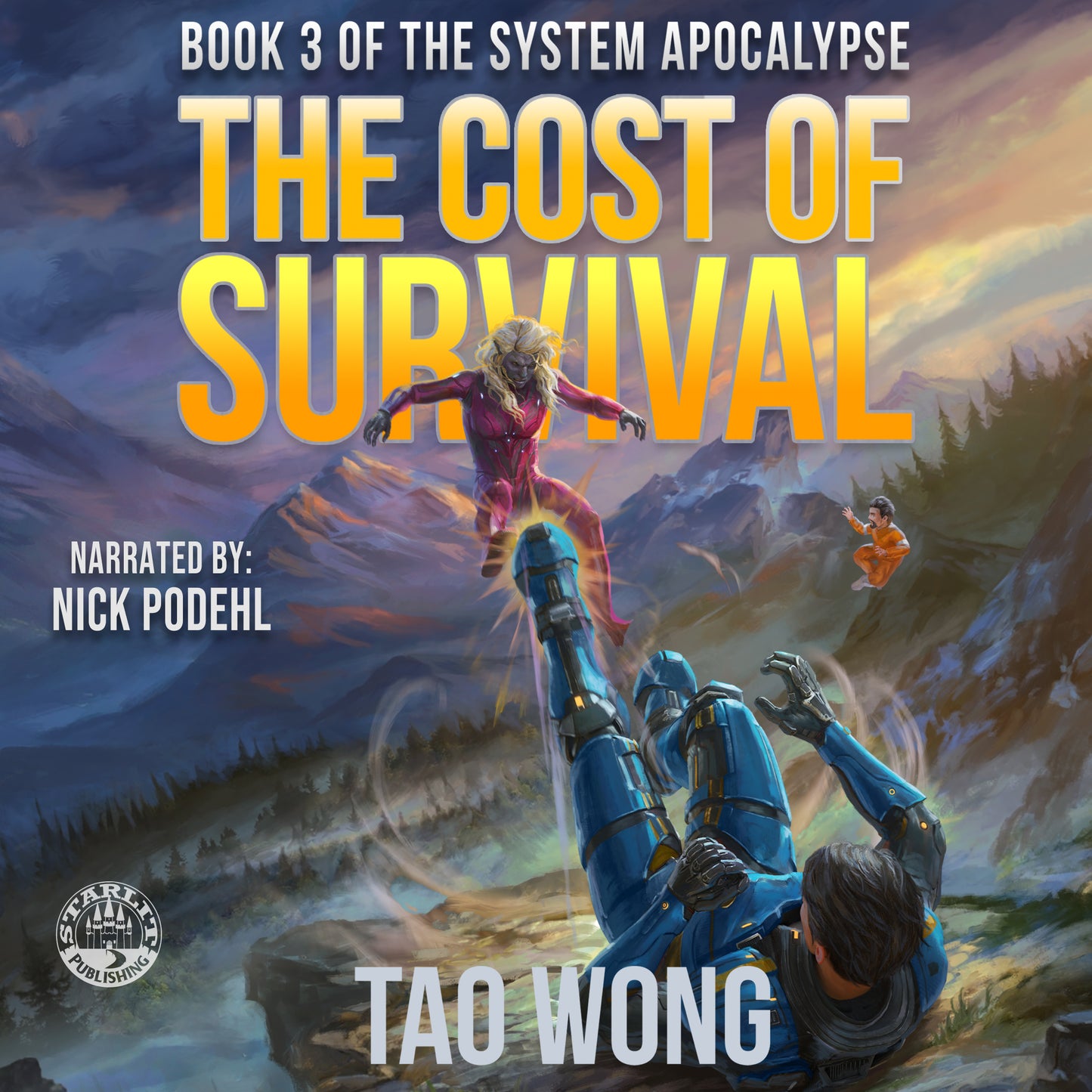 Book cover of 'The Cost of Survival' from 'The System Apocalypse' series, featuring two characters in a mountainous landscape.