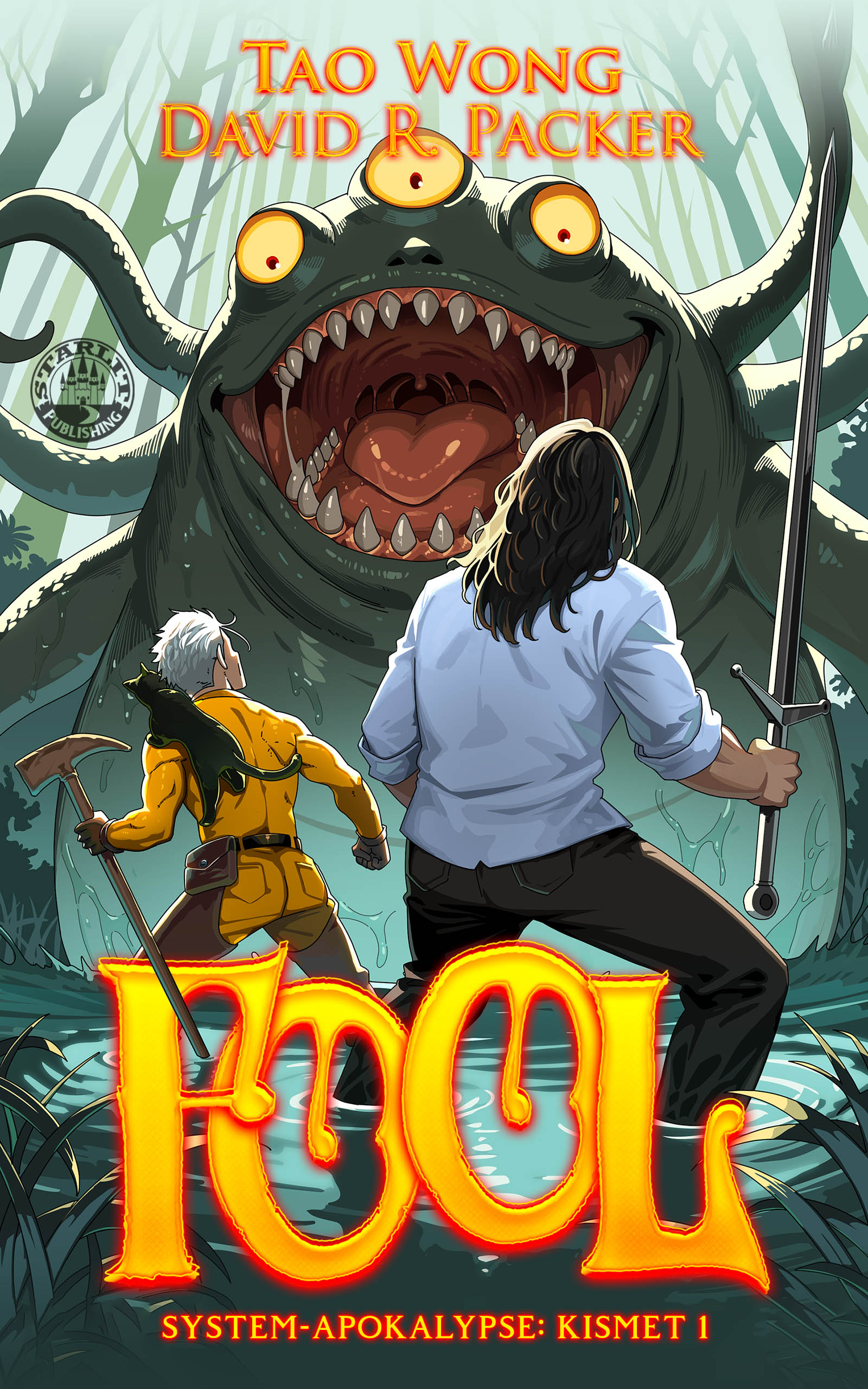Book cover of 'Kool' featuring two characters facing a large creature with a sword and axe.