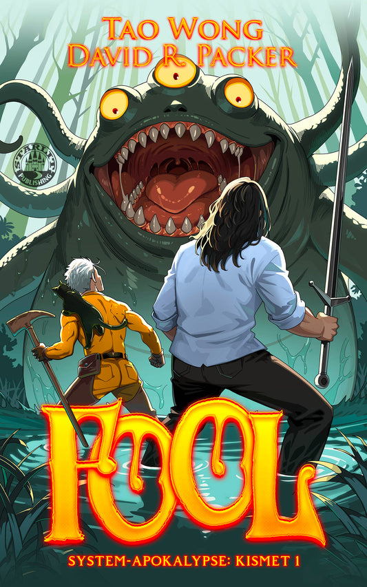 Book cover of 'Kool' featuring two characters facing a large creature with a sword and axe.