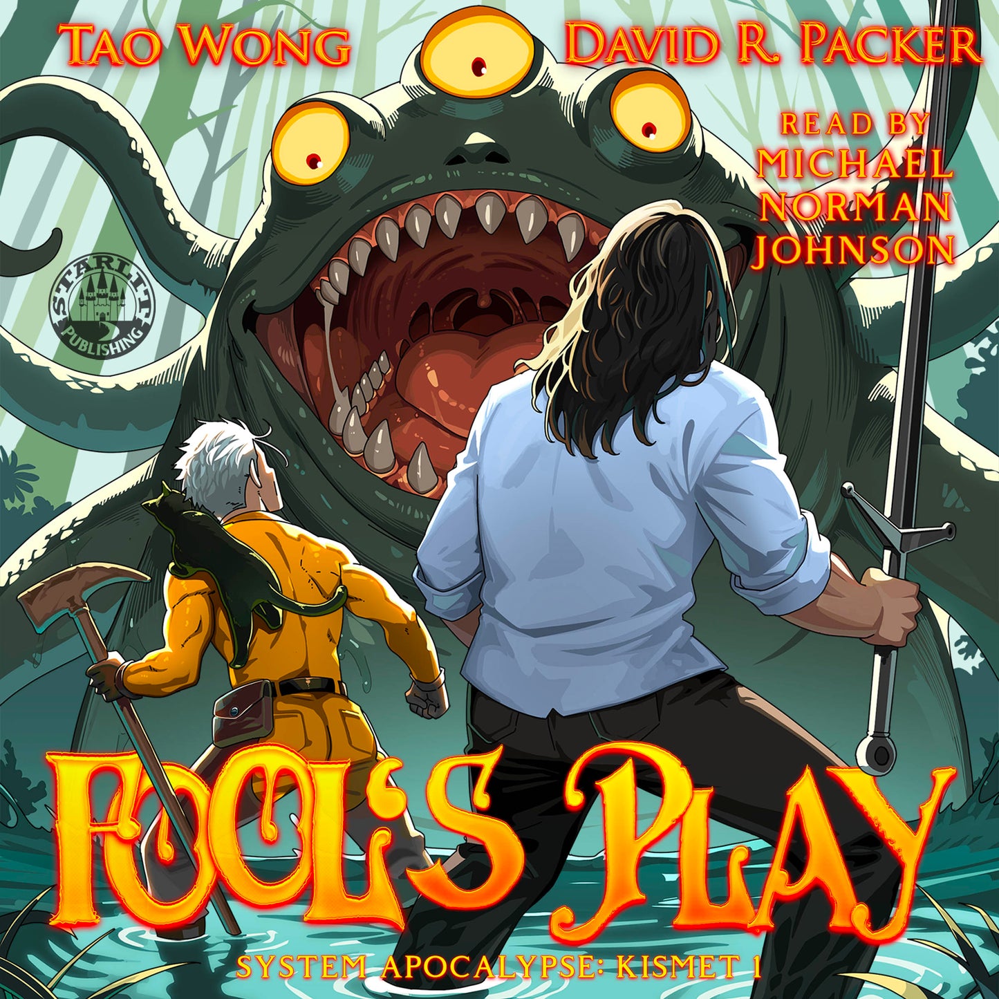 Book cover of 'Fool's Play' featuring two characters facing a large creature with a sword and axe.