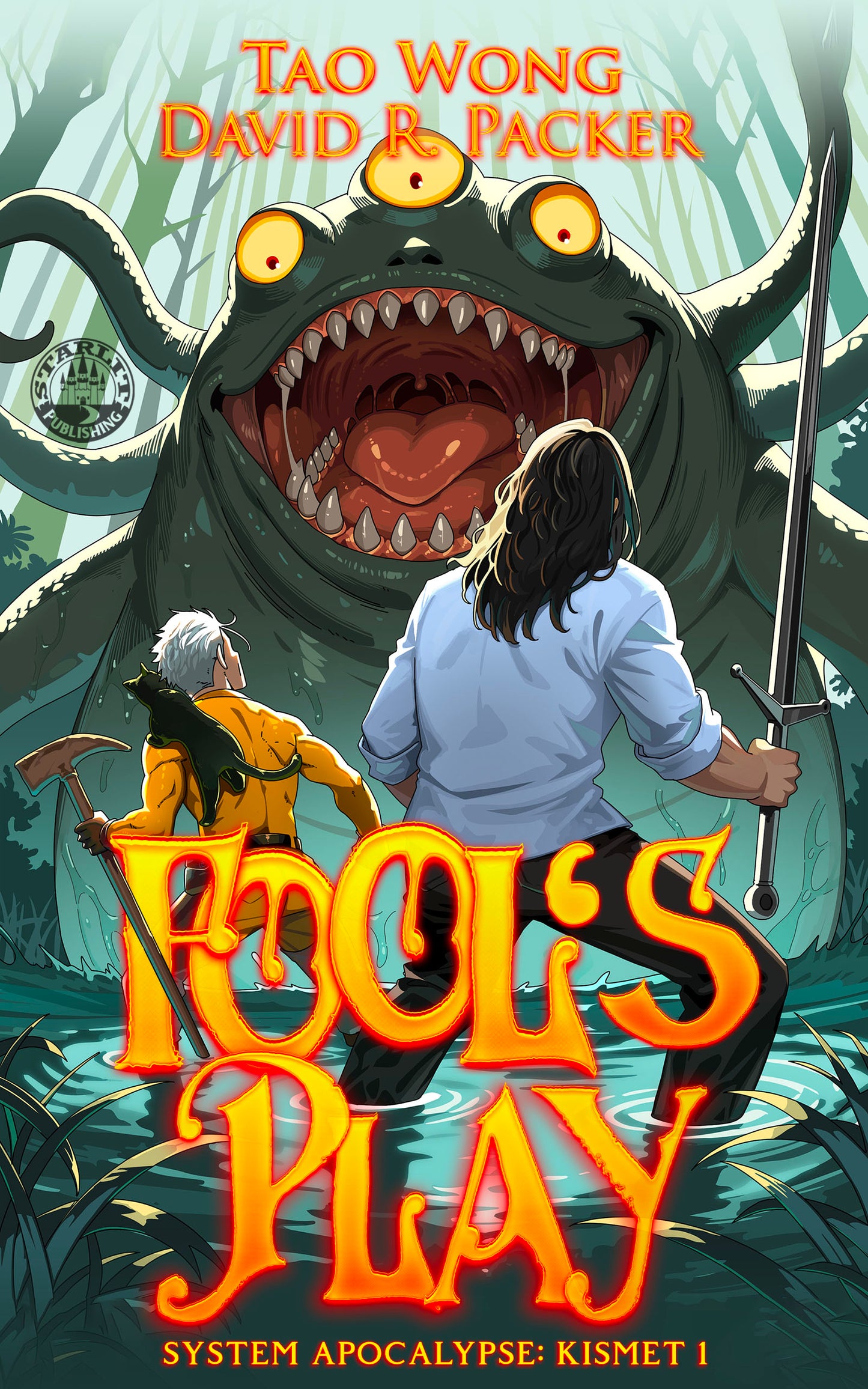 Book cover of 'Pooch's Play' by Tao Wong and David R. Packer with a large creature and two people holding weapons.
