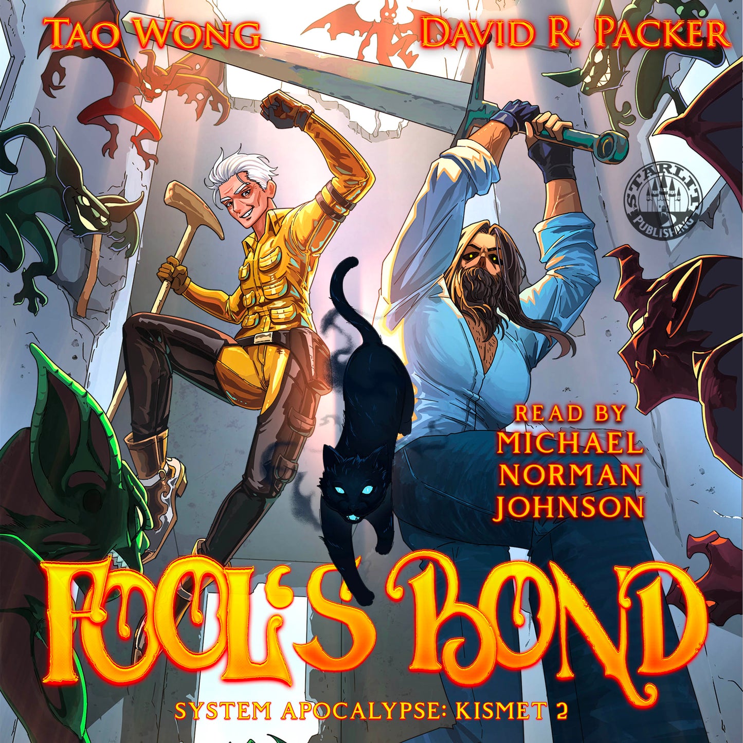 Book cover of 'Fool's Bond' featuring two characters with a black cat and fantasy elements.