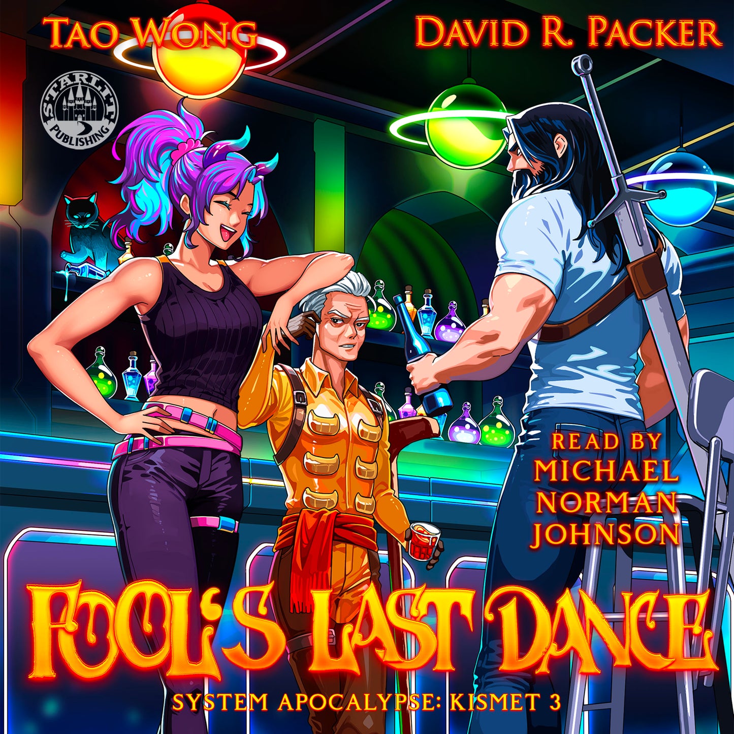 Book cover of 'Fool's Last Dance' featuring characters in a neon-lit bar setting.