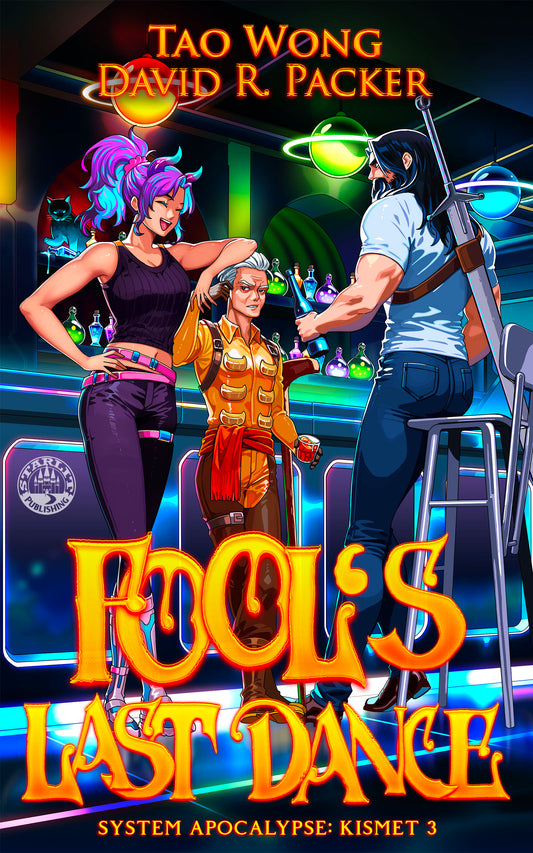Book cover of 'Fool's Last Dance' featuring three characters in a bar setting with neon lights.