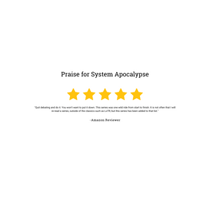 Praise for System Apocalypse: "Quit debating and do it. You won't want to put it down. This series was one wild ride from start to finish. It is not often that I will re-read a series, outside of the classics such as LoTR, but this series has been added to that list". By an Amazon reviewer
